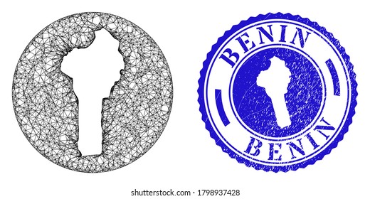 Mesh hole round Benin map and grunge stamp. Benin map is cut out from a round stamp seal. Web mesh vector Benin map in a circle. Blue round grunge watermark.
