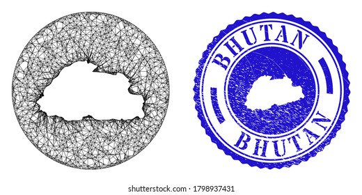 Agujero de malla alrededor del mapa de Bután y sello de foca de grano. El mapa de Bután es un agujero en un sello redondo. Mapa de Bután vector de malla web en círculo. Sello de foca redondo azul rayado.