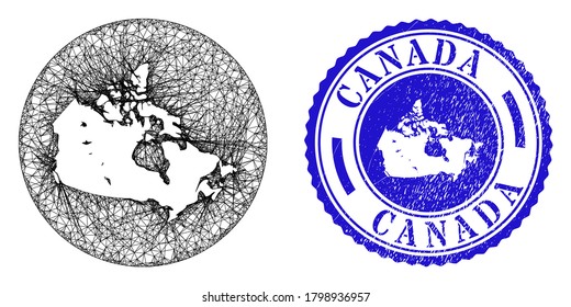Agujero de malla alrededor del mapa de Canadá y foca de borda. El mapa de Canadá es un agujero en un sello de círculo. Mapa de Canadá vector de malla web en un círculo. Sello de foca azul con textura redondeada.