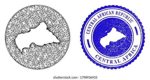 Mesh hole round Central African Republic map and scratched stamp. Central African Republic map is a hole in a circle stamp. Web mesh vector Central African Republic map in a circle.