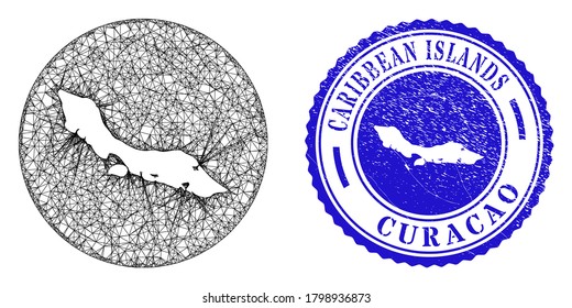 Mesh hole round Curacao Island map and scratched stamp. Curacao Island map is stencil in a round stamp. Web mesh vector Curacao Island map in a circle. Blue round grunge seal stamp.