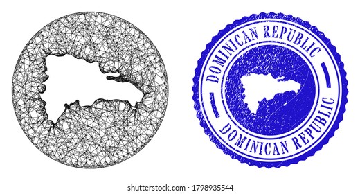 Mesh hole round Dominican Republic map and grunge seal stamp. Dominican Republic map is inverted in a round stamp seal. Web mesh vector Dominican Republic map in a circle. Blue round distress stamp.