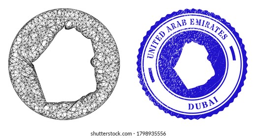 Mesh hole round Dubai Emirate map and scratched seal stamp. Dubai Emirate map is cut out from a round stamp seal. Web network vector Dubai Emirate map in a circle. Blue round textured seal stamp.