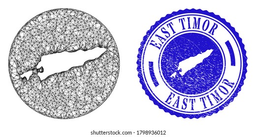 Mesh hole round East Timor map and grunge seal stamp. East Timor map is a hole in a round seal. Web carcass vector East Timor map in a circle. Blue round scratched seal stamp.