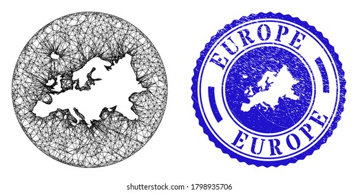 Mesh hole round Europe map and scratched stamp. Europe map is carved in a circle stamp seal. Web network vector Europe map in a circle. Blue round scratched seal stamp.