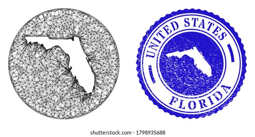 Mesh hole round Florida State map and grunge seal stamp. Florida State map is a hole in a circle stamp seal. Web mesh vector Florida State map in a circle. Blue rounded scratched seal stamp.