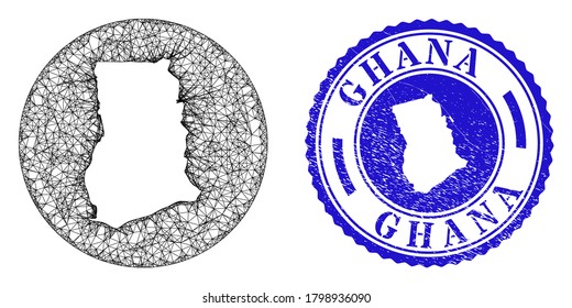 Mesh hole round Ghana map and scratched seal. Ghana map is a hole in a circle seal. Web network vector Ghana map in a circle. Blue round textured seal.