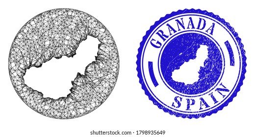 Mesh hole round Granada Province map and scratched seal. Granada Province map is a hole in a circle stamp seal. Web mesh vector Granada Province map in a circle. Blue rounded textured stamp.