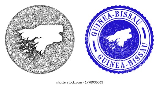 Mesh hole round Guinea-Bissau map and grunge seal stamp. Guinea-Bissau map is carved in a circle stamp seal. Web network vector Guinea-Bissau map in a circle. Blue round textured stamp.