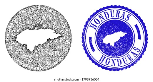 Mesh hole round Honduras map and grunge seal stamp. Honduras map is stencil in a round seal. Web mesh vector Honduras map in a circle. Blue round distress seal stamp.