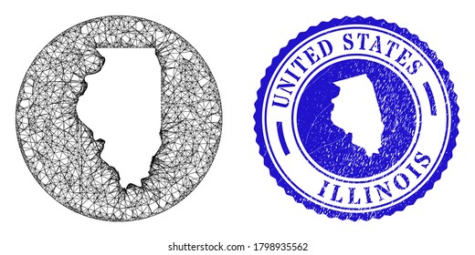 Mesh hole round Illinois State map and grunge seal. Illinois State map is carved in a circle stamp seal. Web carcass vector Illinois State map in a circle. Blue round grunge seal stamp.