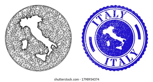 Mesh hole round Italy map and scratched seal stamp. Italy map is a hole in a round stamp. Web net vector Italy map in a circle. Blue rounded grunge seal stamp.