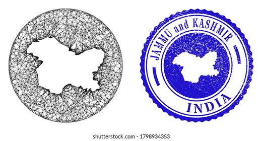Mesh hole round Jammu and Kashmir State map and scratched stamp. Jammu and Kashmir State map is a hole in a circle stamp seal. Web net vector Jammu and Kashmir State map in a circle.