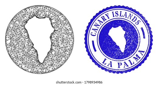 Mesh hole round La Palma Island map and scratched stamp. La Palma Island map is a hole in a circle stamp. Web mesh vector La Palma Island map in a circle. Blue rounded grunge stamp.