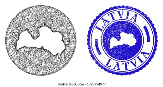 Mesh hole round Latvia map and grunge seal stamp. Latvia map is a hole in a round seal. Web mesh vector Latvia map in a circle. Blue rounded distress stamp.