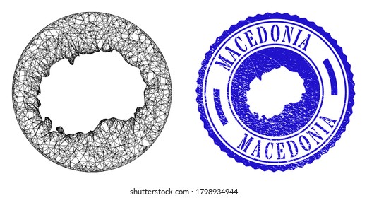 Agujero de malla alrededor del mapa de Macedonia y sello de sello de foca grunge. El mapa de Macedonia está tallado en un círculo de sellado. Mapa de Macedonia vector de malla web en círculo. Sello redondo azul de grano.