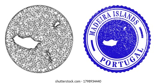 Mesh hole round Madeira Islands map and grunge seal stamp. Madeira Islands map is a hole in a round stamp seal. Web network vector Madeira Islands map in a circle. Blue rounded grunge seal.