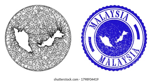 Mesh hole round Malaysia map and scratched seal stamp. Malaysia map is a hole in a round stamp seal. Web carcass vector Malaysia map in a circle. Blue rounded grunge stamp.