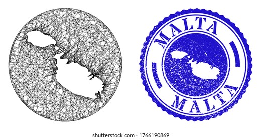Mesh hole round Malta map and grunge seal. Malta map is a hole in a round stamp seal. Web network vector Malta map in a circle. Blue round grunge seal.