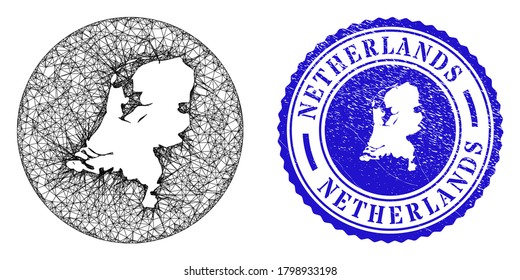 Mesh hole round Netherlands map and scratched seal stamp. Netherlands map is a hole in a circle stamp seal. Web carcass vector Netherlands map in a circle. Blue round grunge watermark.