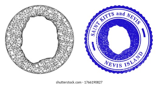 Mesh hole round Nevis Island map and grunge seal stamp. Nevis Island map stencil in a circle stamp. Web mesh vector Nevis Island map in a circle. Blue round textured seal stamp.