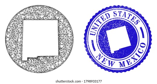 Mesh hole round New Mexico State map and grunge seal. New Mexico State map is a hole in a circle seal. Web mesh vector New Mexico State map in a circle. Blue round distress seal.