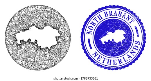 Mesh hole round North Brabant Province map and grunge seal stamp. North Brabant Province map is a hole in a round seal. Web mesh vector North Brabant Province map in a circle.