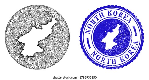 Mesh hole round North Korea map and grunge seal stamp. North Korea map is stencil in a circle stamp seal. Web mesh vector North Korea map in a circle. Blue round distress seal.