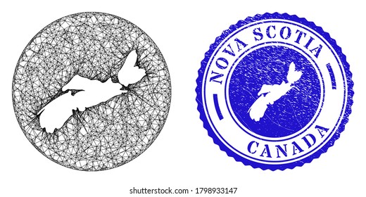Mesh hole round Nova Scotia Province map and scratched seal stamp. Nova Scotia Province map is a hole in a circle stamp seal. Web carcass vector Nova Scotia Province map in a circle.