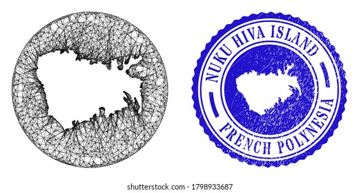 Mesh hole round Nuku Hiva Island map and grunge seal stamp. Nuku Hiva Island map is stencil in a circle stamp seal. Web carcass vector Nuku Hiva Island map in a circle. Blue rounded grunge seal.