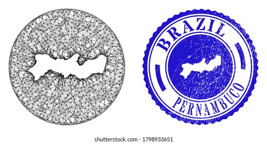 Mesh hole round Pernambuco State map and scratched seal stamp. Pernambuco State map is a hole in a round seal. Web mesh vector Pernambuco State map in a circle. Blue round grunge seal stamp.
