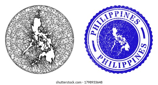 Mesh hole round Philippines map and grunge stamp. Philippines map is stencil in a round stamp seal. Web mesh vector Philippines map in a circle. Blue round distress seal stamp.