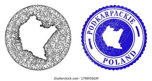 Mesh hole round Podkarpackie Voivodeship map and grunge seal stamp. Podkarpackie Voivodeship map is a hole in a round seal. Web carcass vector Podkarpackie Voivodeship map in a circle.