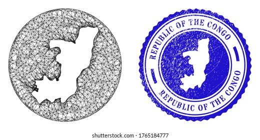 Mesh hole round Republic of the Congo map and grunge stamp. Republic of the Congo map is a hole in a circle stamp seal. Web mesh vector Republic of the Congo map in a circle.