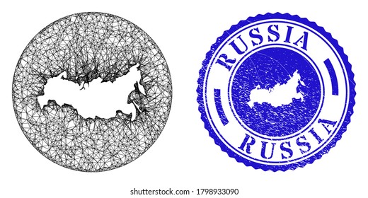 Mesh-Loch um Russland-Karte und Grunge-Siegel Stempel. Die russische Karte wird von einer Rundstempelrobbe abgezogen. Web-Mesh-Vektorgrafik Russland Karte in einem Kreis. Blauer Rundsiegelstempel.