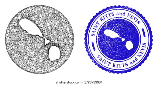 Mesh hole round Saint Kitts and Nevis map and grunge seal. Saint Kitts and Nevis map is a hole in a round stamp. Web mesh vector Saint Kitts and Nevis map in a circle. Blue round scratched seal.