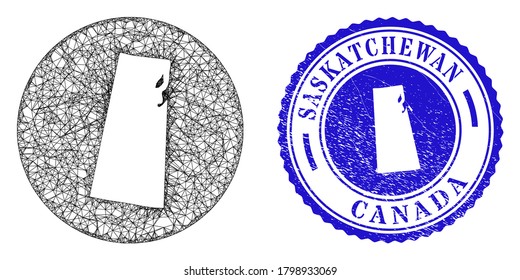 Mesh hole round Saskatchewan Province map and grunge seal stamp. Saskatchewan Province map is a hole in a circle seal. Web carcass vector Saskatchewan Province map in a circle.