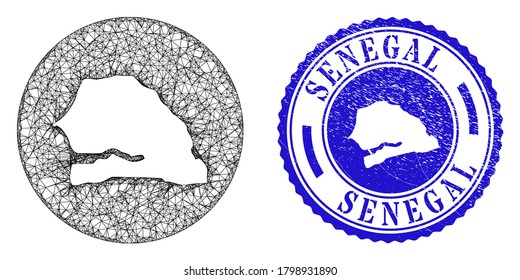 Mesh hole round Senegal map and grunge seal stamp. Senegal map is carved in a circle stamp. Web carcass vector Senegal map in a circle. Blue round grunge stamp.