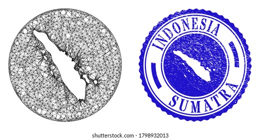 Mesh hole round Sumatra map and grunge seal stamp. Sumatra map is a hole in a round seal. Web network vector Sumatra map in a circle. Blue round distress seal stamp.