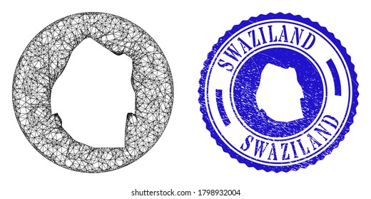 Mesh hole round Swaziland map and scratched seal stamp. Swaziland map is a hole in a round stamp seal. Web mesh vector Swaziland map in a circle. Blue round scratched seal.
