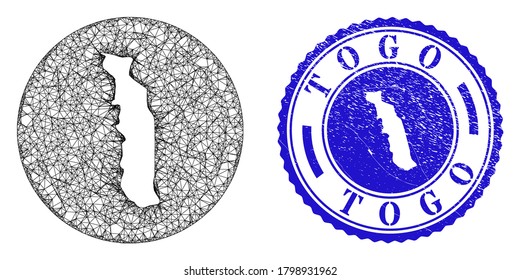 Mesh hole round Togo map and grunge seal stamp. Togo map is a hole in a circle stamp seal. Web mesh vector Togo map in a circle. Blue rounded scratched seal stamp.