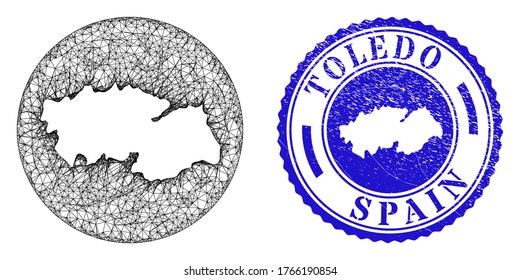 Mesh hole round Toledo Province map and grunge seal stamp. Toledo Province map in a round seal. Web net vector Toledo Province map in a circle. Blue round scratched seal stamp.