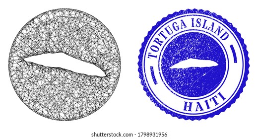 Mesh hole round Tortuga Island of Haiti map and scratched seal. Tortuga Island of Haiti map is a hole in a round stamp. Web net vector Tortuga Island of Haiti map in a circle.