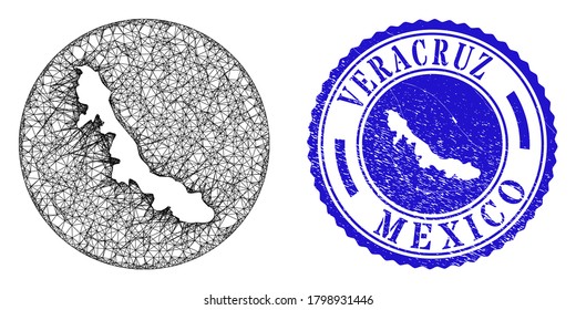 Mesh hole round Veracruz State map and scratched stamp. Veracruz State map is stencil in a circle seal. Web mesh vector Veracruz State map in a circle. Blue round distress seal stamp.