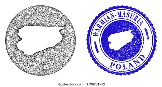 Mesh hole round Warmian-Masurian Voivodeship map and grunge seal. Warmian-Masurian Voivodeship map is a hole in a round seal. Web carcass vector Warmian-Masurian Voivodeship map in a circle.