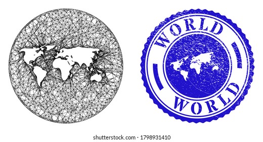 Mesh hole round world map and grunge seal stamp. World map is a hole in a circle stamp seal. Web carcass vector world map in a circle. Blue round scratched watermark.