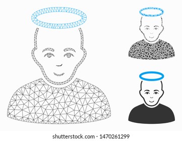 Mesh holy man model with triangle mosaic icon. Wire carcass triangular network of holy man. Vector mosaic of triangle parts in various sizes, and color shades. Abstract flat mesh holy man,