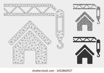 Mesh home construction model with triangle mosaic icon. Wire carcass triangular mesh of home construction. Vector mosaic of triangles in variable sizes, and color shades.