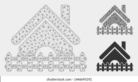 Mesh home fence model with triangle mosaic icon. Wire carcass polygonal mesh of home fence. Vector mosaic of triangle elements in various sizes, and color tinges. Abstract flat mesh home fence,