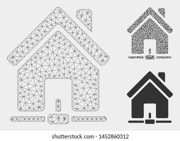 Mesh home internet connection model with triangle mosaic icon. Wire carcass triangular mesh of home internet connection. Vector mosaic of triangle elements in various sizes, and color tones.